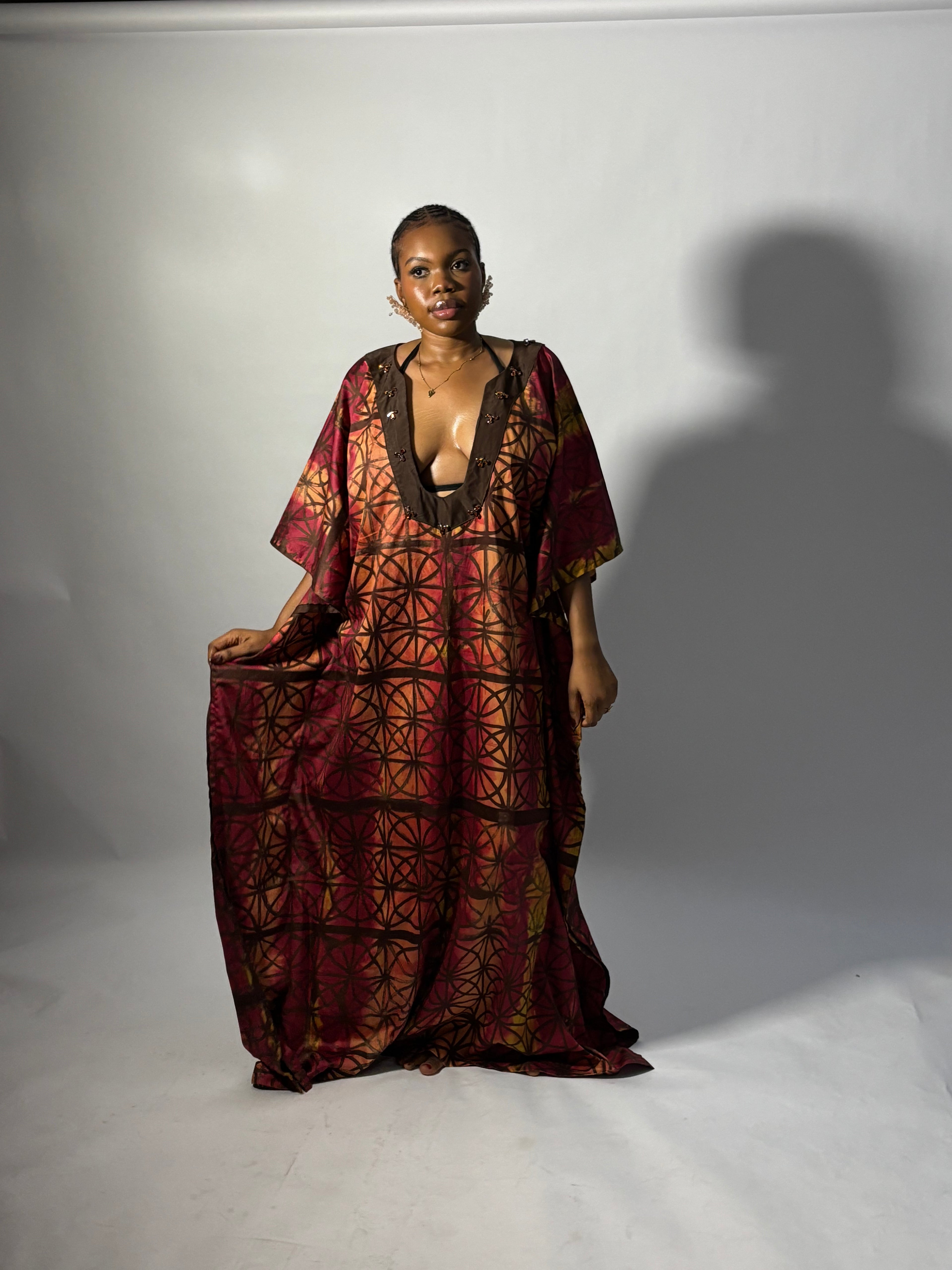 silk vacation plunge neck kaftan