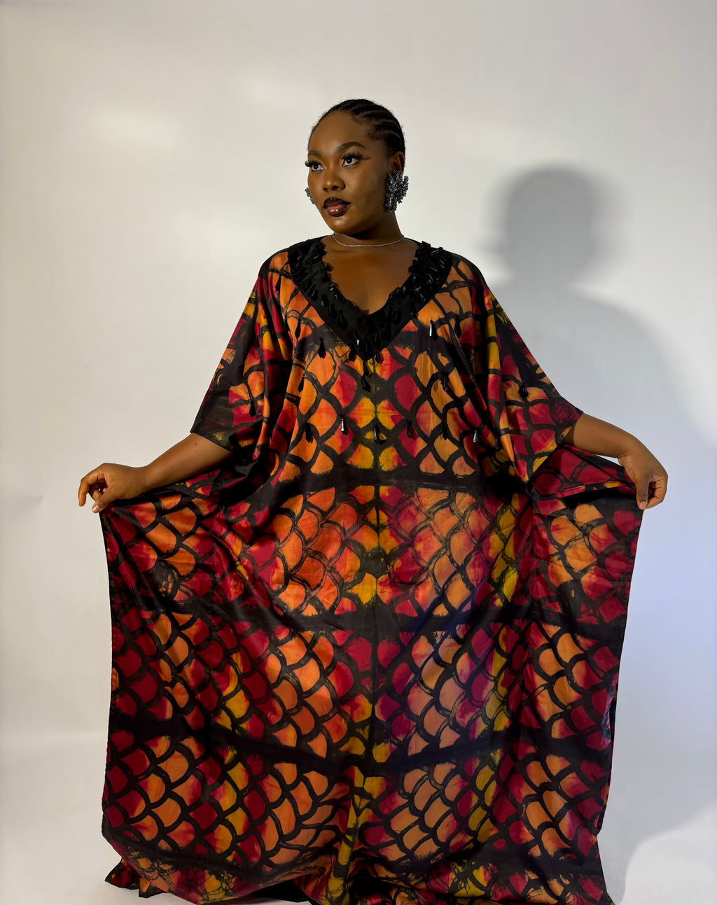 silk vacation beaded neckline kaftan